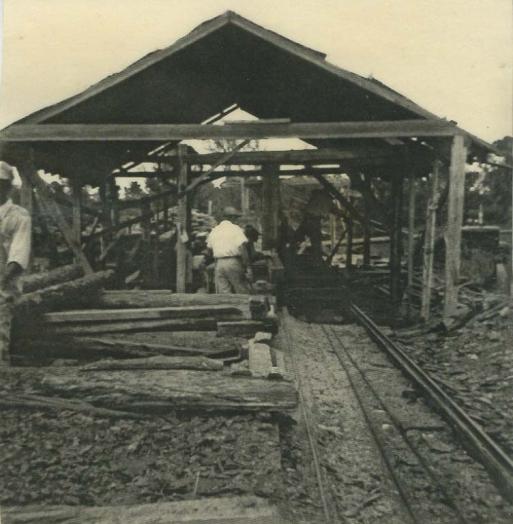 Black and white photo of people working in a saw mill